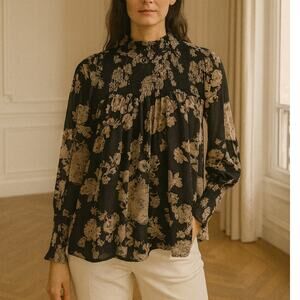 Mystree Smocked Floral Blouse Black Tan M NWT